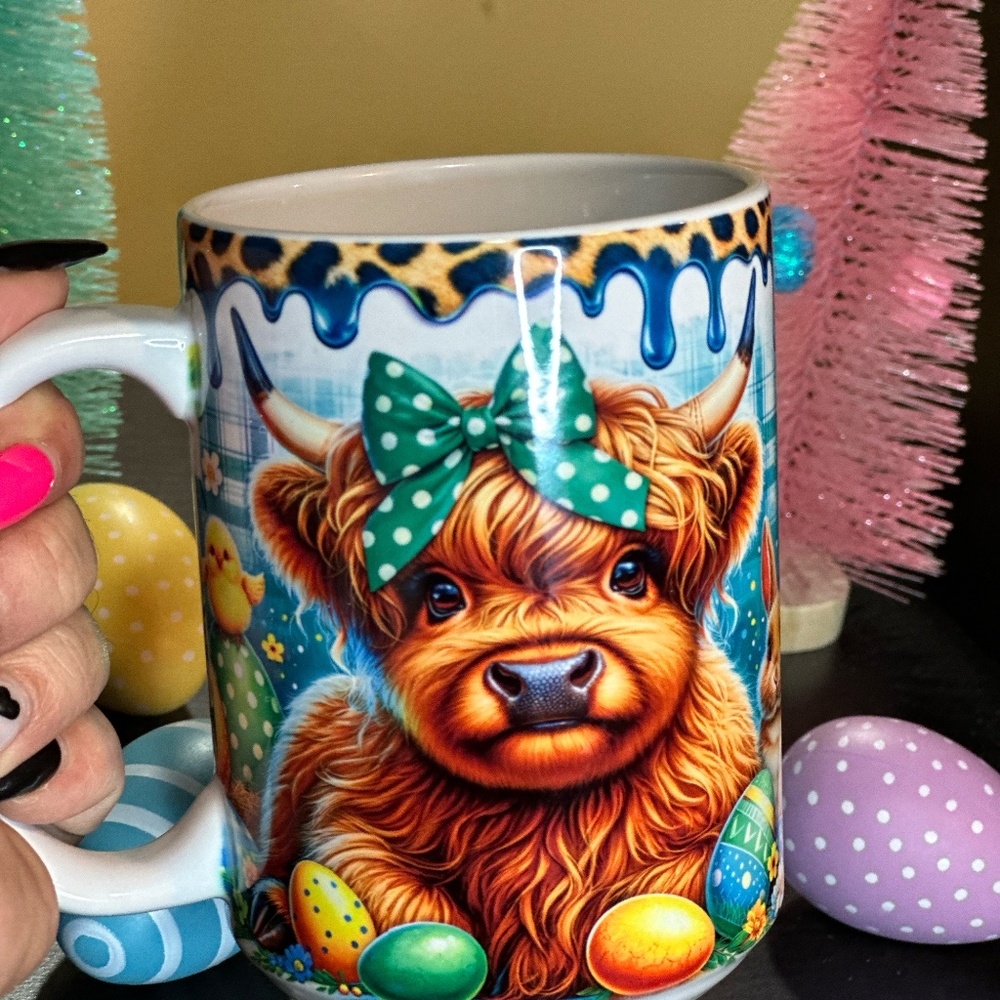 Hand Crafted Easter Highland Cow-Green  Sublimated 15oz Mug